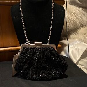 Aqua Black Beaded Clutch with Chain Strap